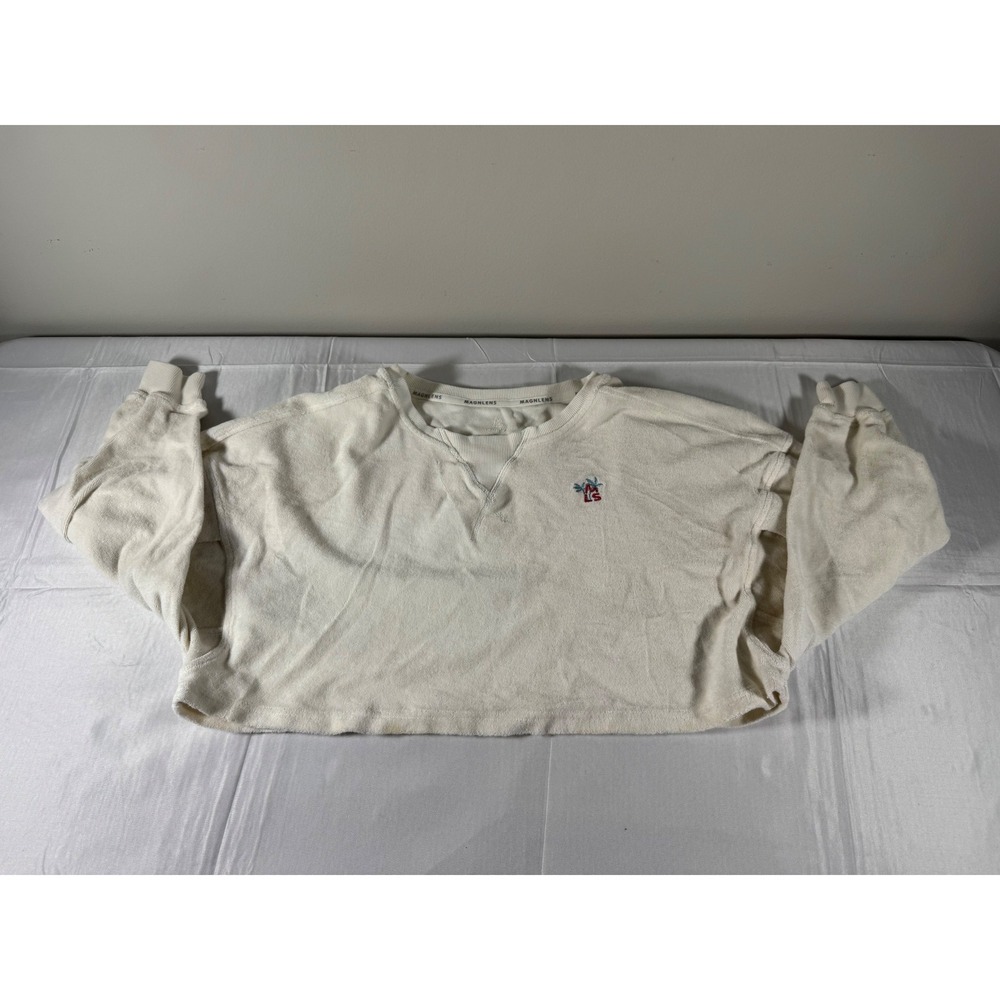 Magnlens Women Cream Terry Cloth Cropped Sweatshirt Palm Tree Size M $125 Retail